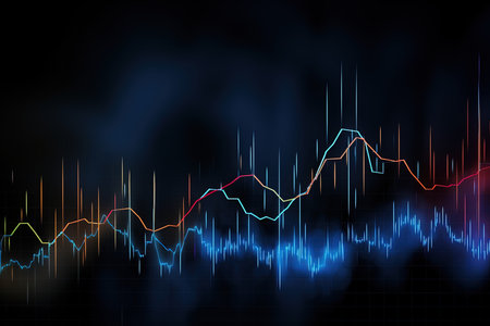 abstract background with glowing forex candlestick chart on dark backdropの素材