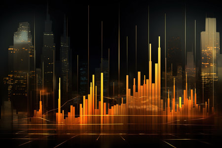 Futuristic glowing forex chart on dark city background. 3D Renderingの素材