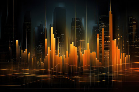 Abstract glowing forex chart on city background. Investment and trade concept. 3D Renderingの素材