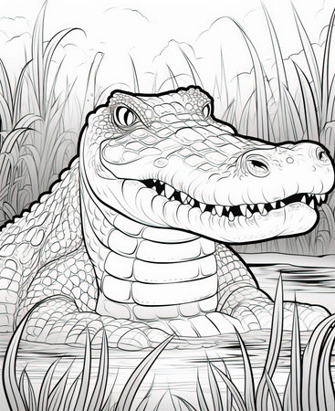 Crocodile in the grass. Vector illustration for coloring book.の素材
