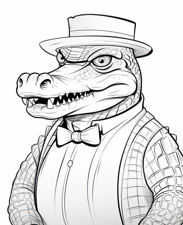 Crocodile in hat and bow tie. Vector illustration.の素材