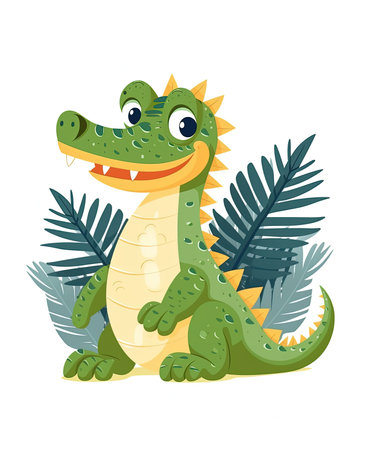 Cute crocodile and tropical leaves. Cartoon vector illustration isolated on white background.の素材