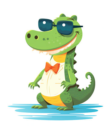 Cute crocodile in sunglasses and bow tie. Vector illustration.の素材