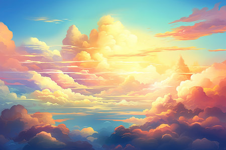 Beautiful sunset background with clouds and sun rays. Vector illustration.の素材