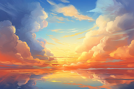 Beautiful sunset with clouds and reflection in water. Vector illustration.の素材