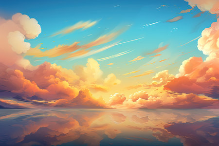 Beautiful sky with clouds reflected in the water. Vector illustration.の素材