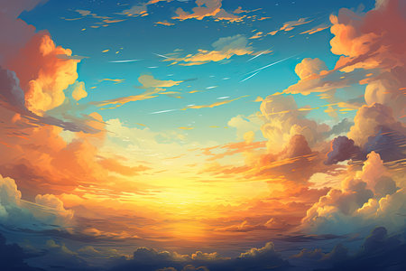Beautiful sunset sky background with clouds and sun. Vector illustration.の素材