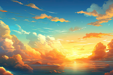 beautiful sunset on the sea with clouds and sun, vector illustrationの素材