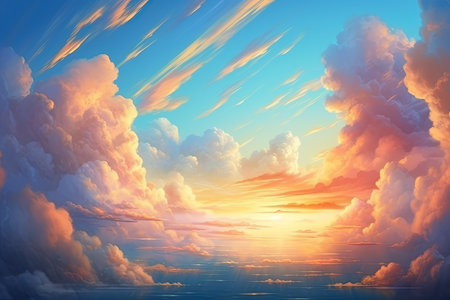 Sunset over the sea. Colorful sky with clouds. 3d renderの素材