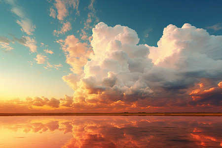 Beautiful sunset over the lake. Colorful sky with clouds.の素材