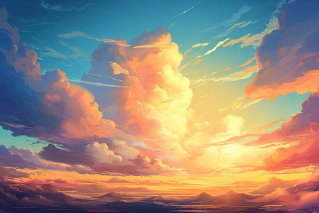 3D illustration of a beautiful sunset background with clouds and sun.の素材