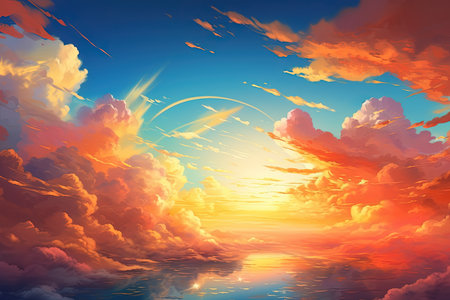 Beautiful sunset over the sea with clouds. 3d render illustrationの素材