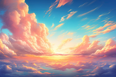 Beautiful sunset sky background with clouds. 3d rendering illustration.の素材