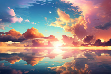 Beautiful sunset sky with clouds reflected in water. 3d renderの素材
