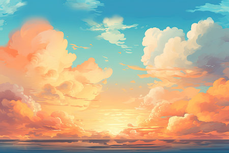 Beautiful seascape with sunset sky and clouds. Vector illustration.の素材