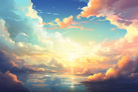 Beautiful seascape with sunset and clouds. Vector illustration.の素材