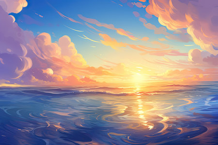 Beautiful seascape. Sunset over the sea. Vector illustrationの素材