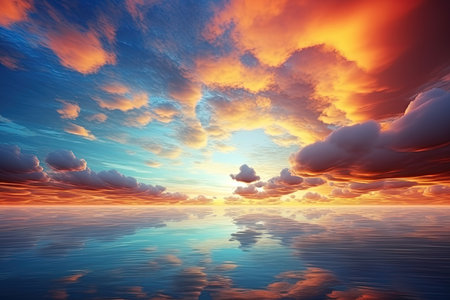 beautiful sunset over the sea with clouds and reflection on water surfaceの素材
