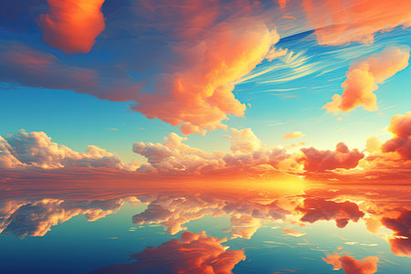 Beautiful sunset with clouds reflected in the water. 3D illustrationの素材