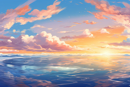 Beautiful seascape with clouds and sunset. Vector illustration.の素材