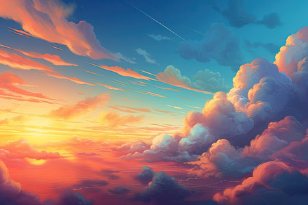 Beautiful sunset above the clouds. 3d rendering illustration. Computer digital drawing.の素材