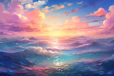 Beautiful sunset over the sea with clouds and waves. Vector illustrationの素材