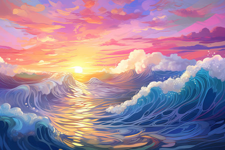 Beautiful seascape with waves and sunset. Vector illustration.の素材