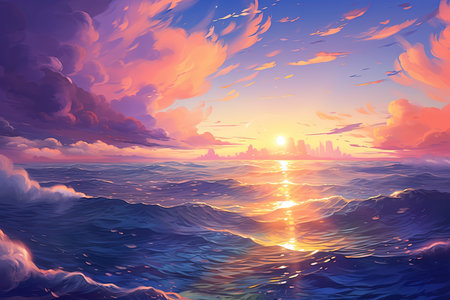 Beautiful sunset over the sea. Illustration of a beautiful sunset.の素材