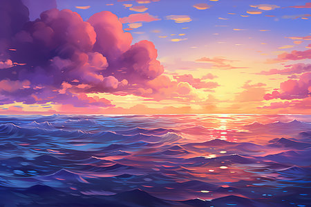 Beautiful seascape with sunset and clouds. Vector illustration.の素材