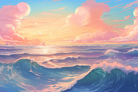 Beautiful seascape with waves at sunset. Vector illustration.の素材