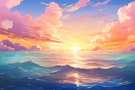 Beautiful seascape with clouds and sunset. Vector illustration.の素材