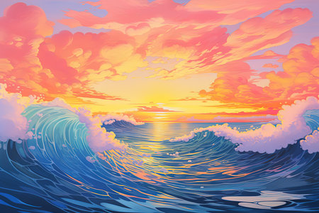 Beautiful seascape with waves at sunset. Vector illustration.の素材