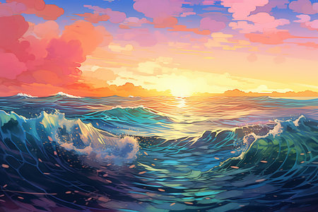 Beautiful sunset over the sea. Vector illustration. Colorful gradient.の素材