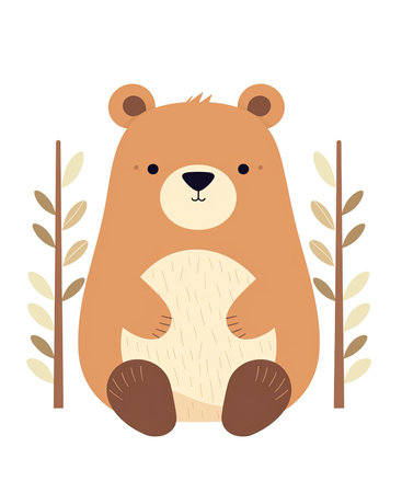 cute bear animal with branches and leafs character vector illustration designの素材