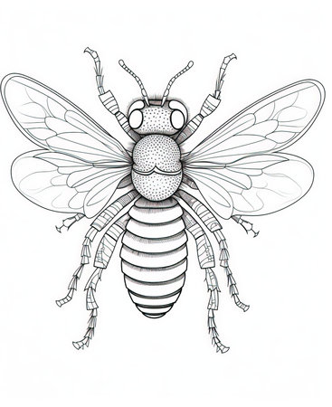 Black and white drawing of a bee on a white background. Vector illustration.の素材