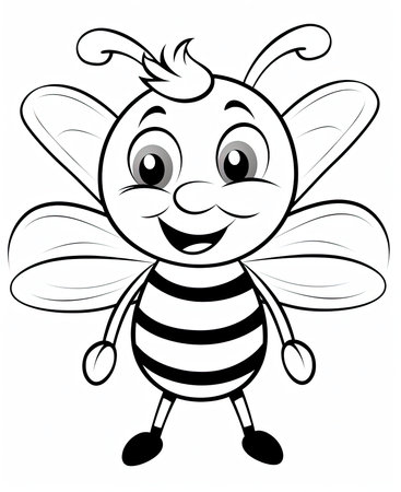 Black and White Cartoon Illustration of Cute Bee Character for Coloring Bookの素材
