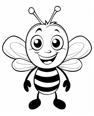 Black and White Cartoon Illustration of Cute Bee Character for Coloring Bookの素材