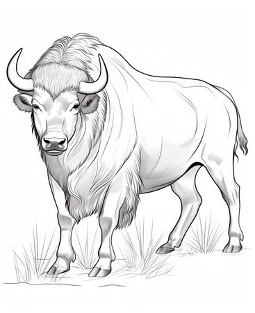 Vector image of a white bison on a white background. Hand-drawn illustration.の素材