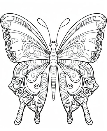 Beautiful butterfly coloring page for adults. Black and white vector illustration.の素材