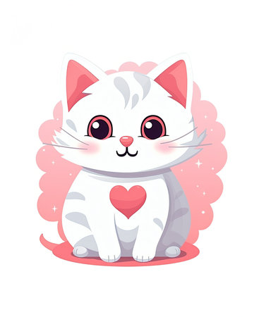 Cute cartoon cat with heart on white background. Vector illustration.の素材