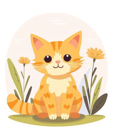 Vector illustration of a cute cat sitting on the grass with flowers.の素材