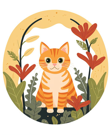 Cute cat in the garden. Vector illustration in flat style.の素材