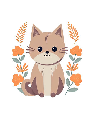 cute cat animal with flowers and leafs vector illustration desingの素材