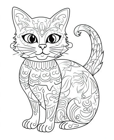 Beautiful cat with a pattern on a white background. Coloring book for adults.の素材