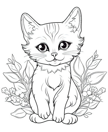 Cute kitten sitting with flowers and leaves. Coloring book for adults.の素材