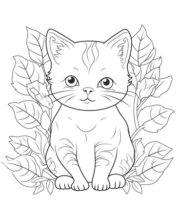 Cute kitten sitting among leaves. Coloring page for adults.の素材