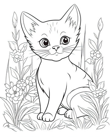 Cute kitten sitting in the grass and flowers. Coloring book page for adults.の素材