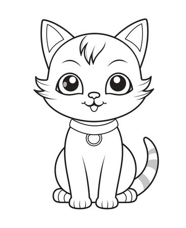 Cute cartoon cat with a collar. Vector illustration for coloring book.の素材