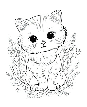 Cute cat with flowers and leaves. Coloring page for adults.の素材