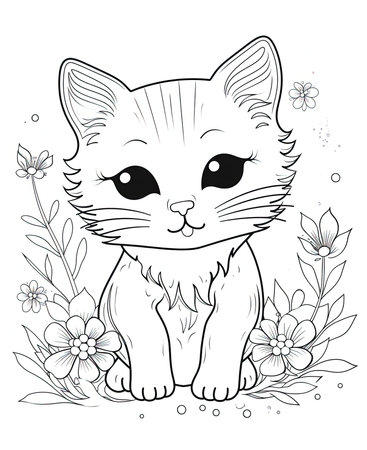 Cute cartoon cat with flowers and leaves. Vector illustration for coloring book.の素材